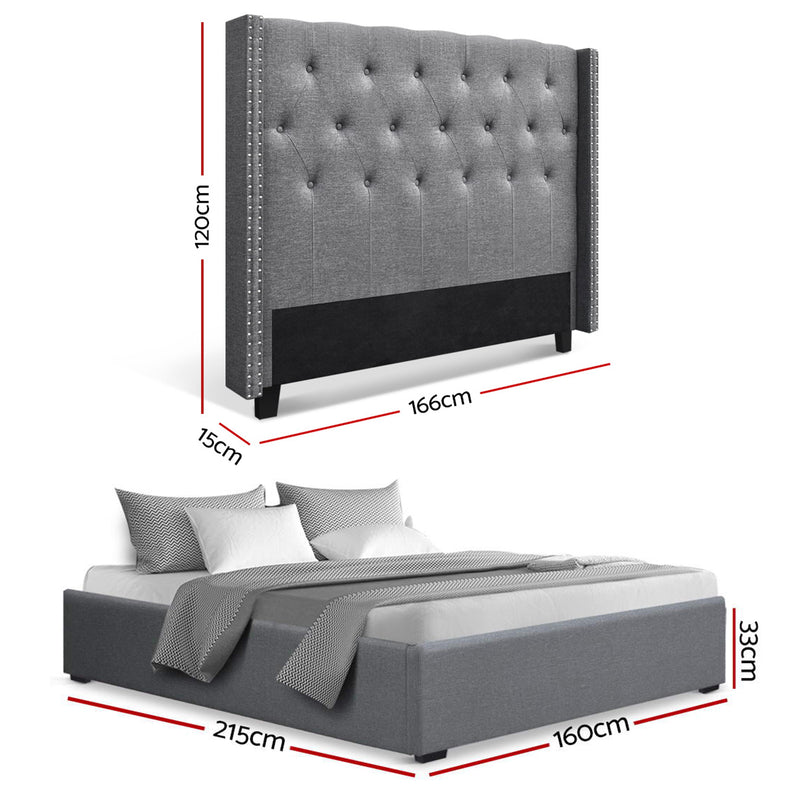 Lucas Queen Gas Lift Storage Bed with Tufted Headboard – Grey with detailed dimensions in a modern bedroom setting