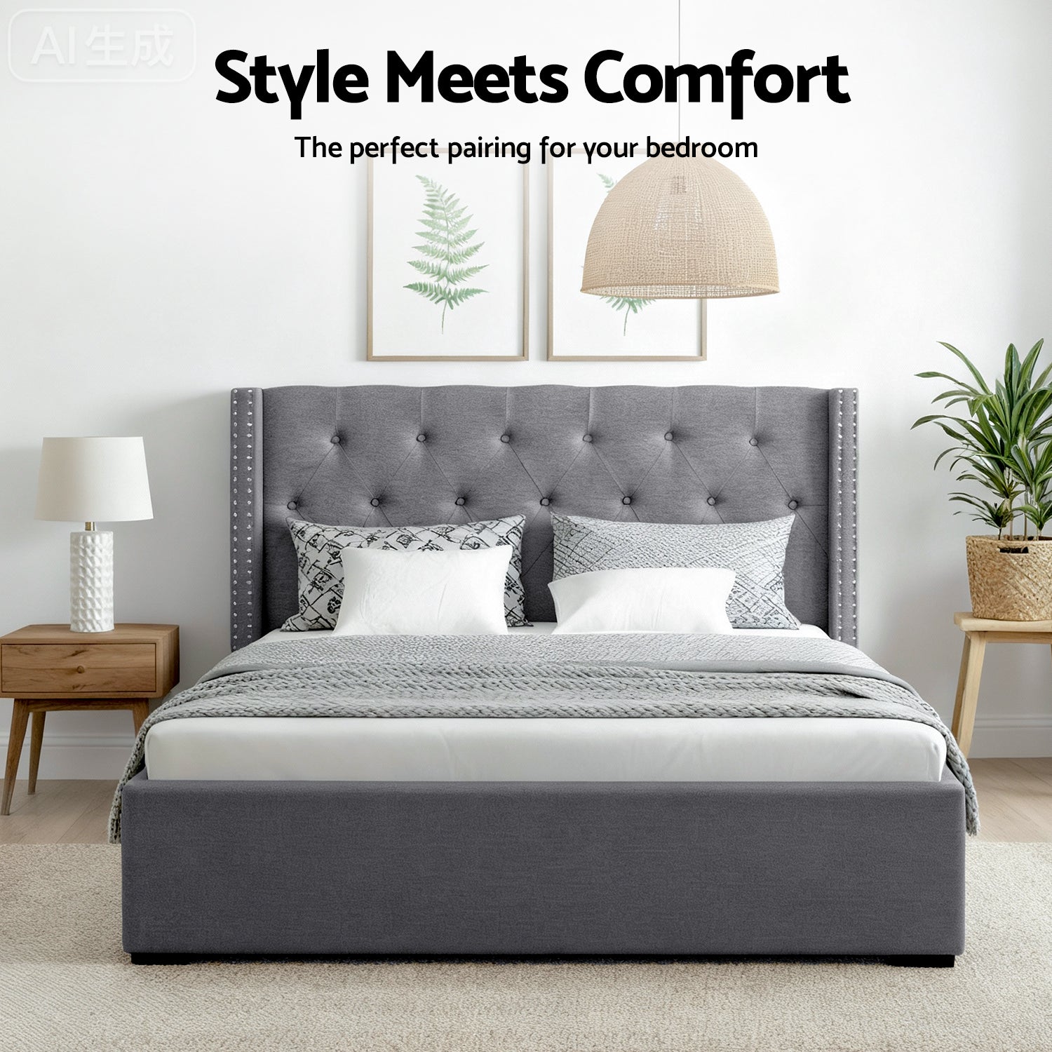 Lucas Queen Gas Lift Storage Bed with Tufted Headboard – Grey, styled with pillows and bedside lamps in a modern bedroom setting