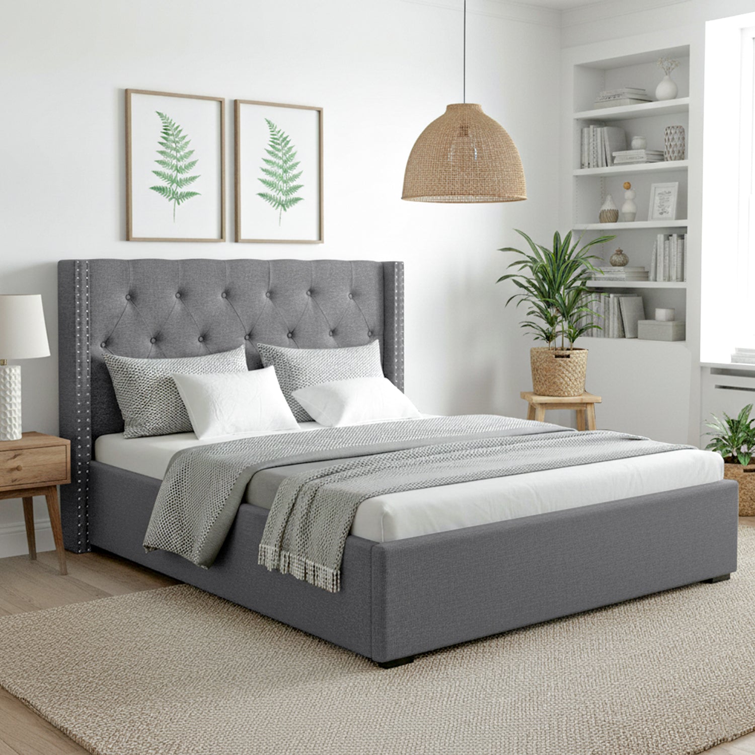 Lucas Queen Gas Lift Storage Bed with Tufted Headboard – Grey