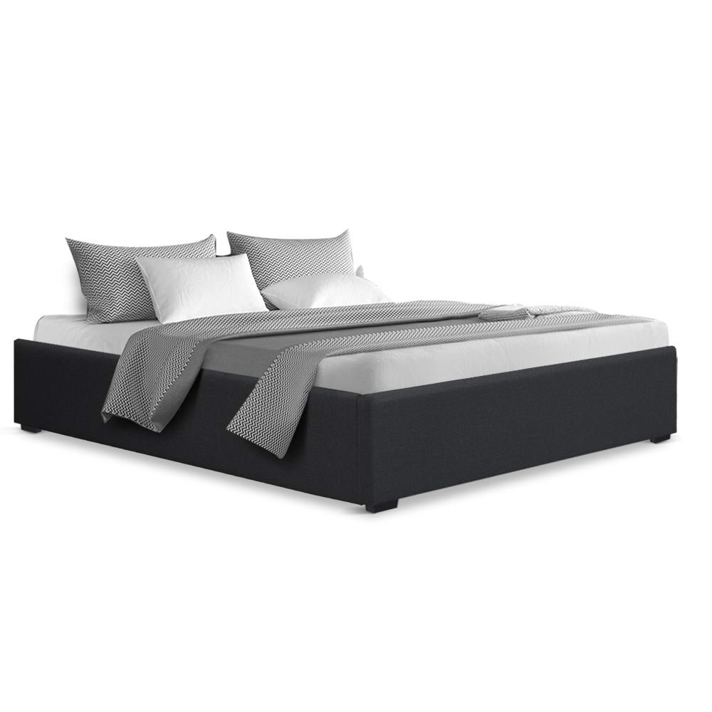 Toki Gas Lift Queen Bed Frame Base with Storage Charcoal upholstered in charcoal fabric with low profile design and storage lift mechanism