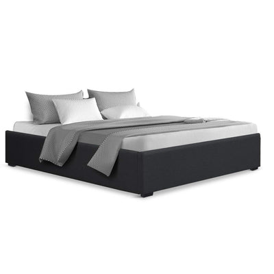 Toki Gas Lift Queen Bed Frame Base with Storage Charcoal upholstered in charcoal fabric with low profile design and storage lift mechanism