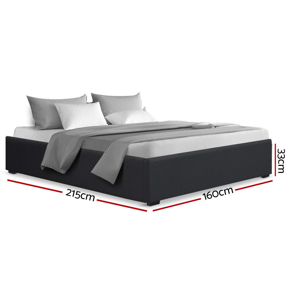 Toki Gas Lift Queen Bed Frame Base with Storage Charcoal, upholstered, with pillows and bedding, shown with measurements