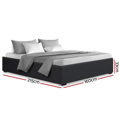 Toki Gas Lift Queen Bed Frame Base with Storage Charcoal, upholstered, with pillows and bedding, shown with measurements