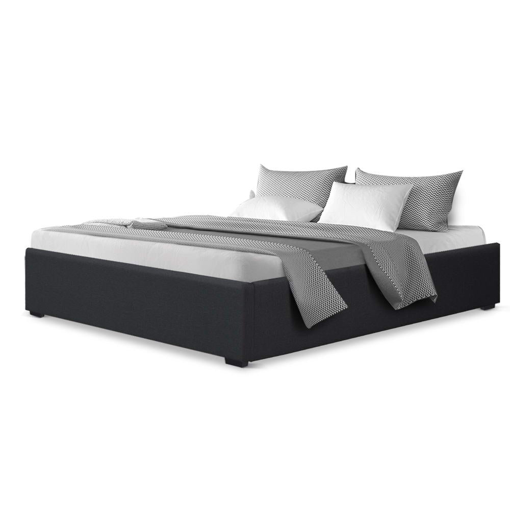 Toki Gas Lift Queen Bed Frame Base with Storage Charcoal in modern design with charcoal upholstery and low profile frame