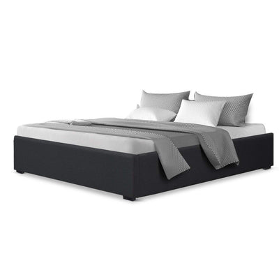 Toki Gas Lift Queen Bed Frame Base with Storage Charcoal in modern design with charcoal upholstery and low profile frame