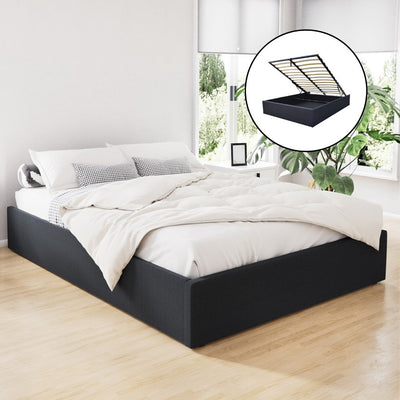 Toki Gas Lift Queen Bed Frame Base with Storage Charcoal, upholstered, shown in bedroom with bedding and gas lift storage feature inset.