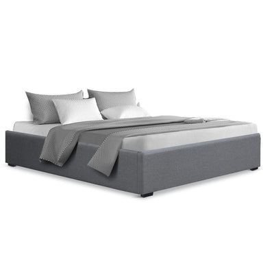 Toki Gas Lift Queen Bed Frame Base with Storage Grey, upholstered, with clean lines and modern bedroom furniture design