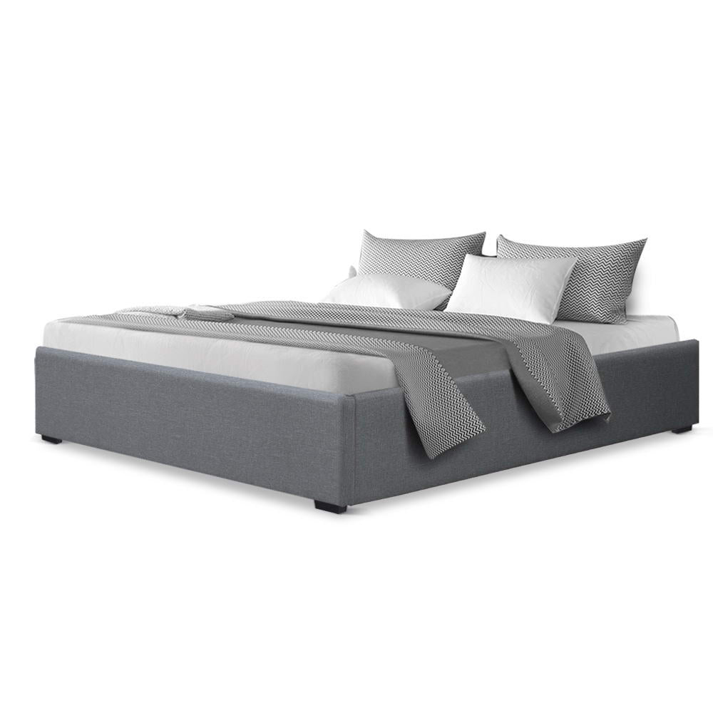 Toki Gas Lift Queen Bed Frame Base with Storage Grey upholstered in gray fabric with low profile design and gas lift mechanism
