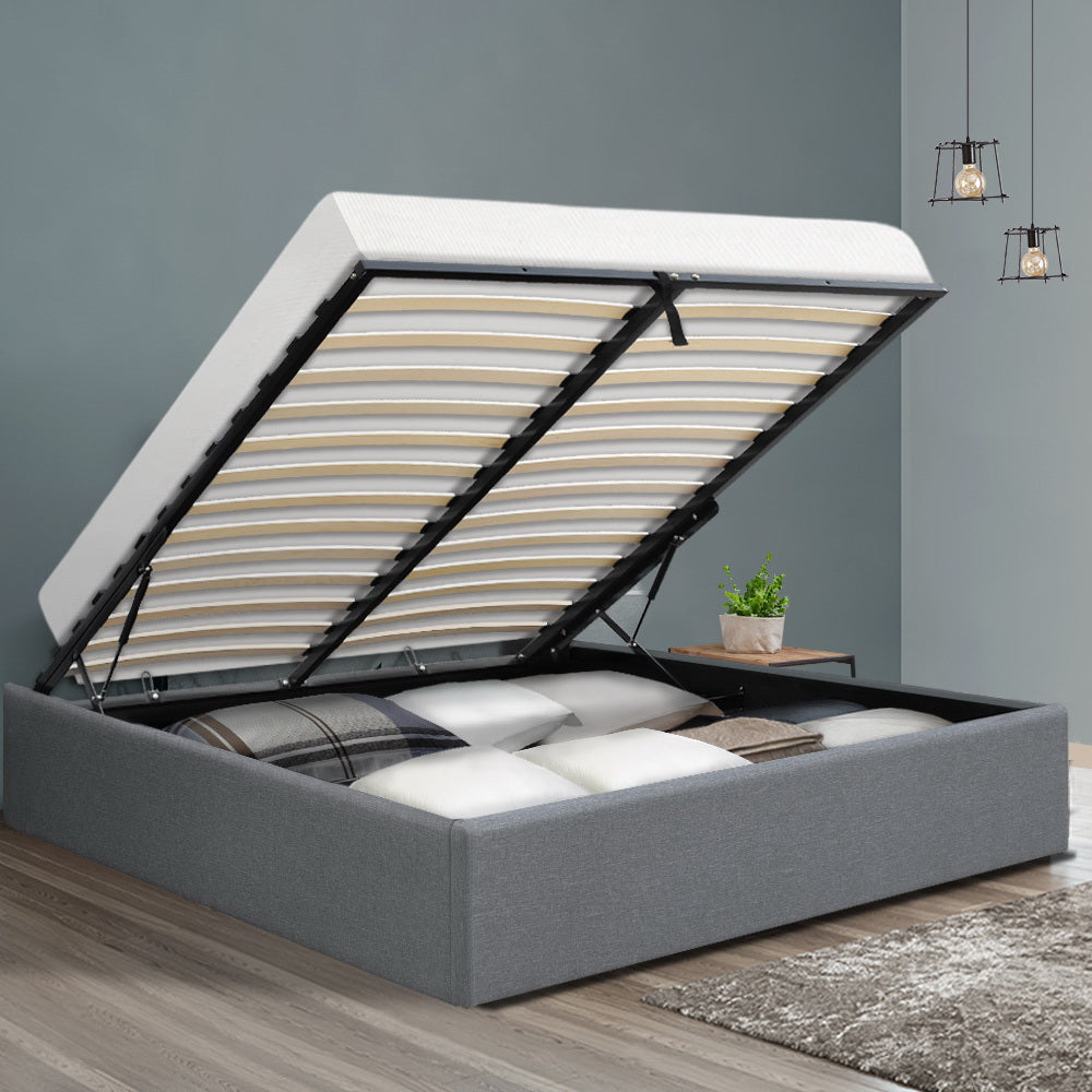 Toki Gas Lift Queen Bed Frame Base with Storage Grey
