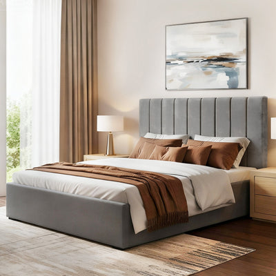 Velantra Double Gas Lift Storage Bed with Headboard – Grey velvet bed with tall stitched headboard in a modern bedroom setting