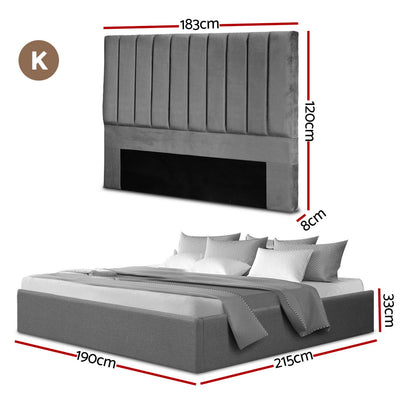 Velantra King Gas Lift Storage Bed with Headboard – Grey in velvet with vertical channel tufting and gas lift base storage.
