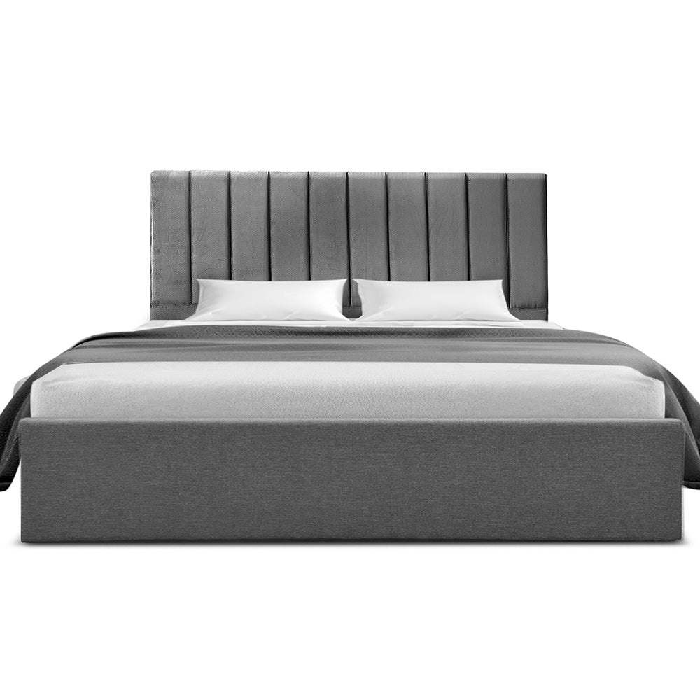 Velantra King Gas Lift Storage Bed with Headboard – Grey, featuring velvet upholstered headboard and storage base, bedroom furniture.
