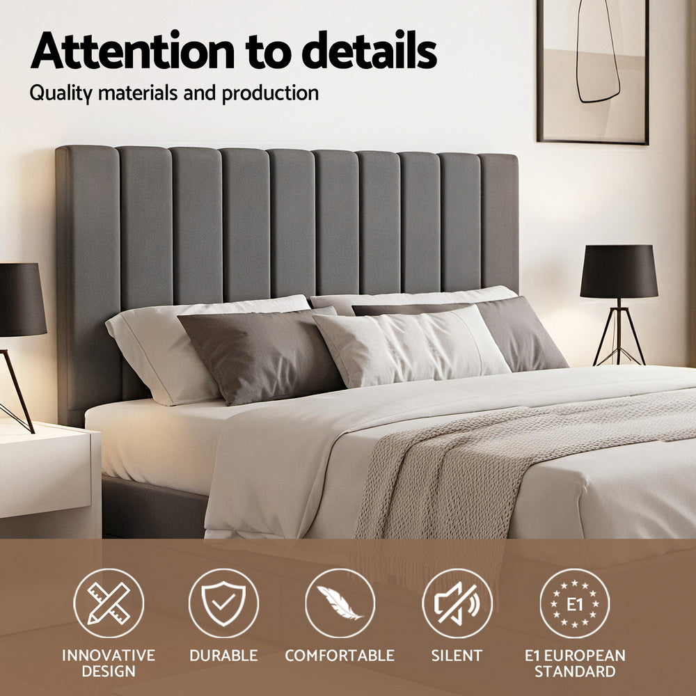 Velantra King Gas Lift Storage Bed with Headboard – Grey featuring upholstered vertical panel headboard in modern bedroom setting