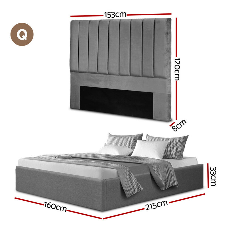Velantra Queen Gas Lift Storage Bed with Headboard – Grey upholstered bed frame with vertical channel headboard and storage base
