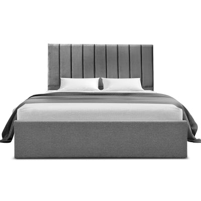 Velantra Queen Gas Lift Storage Bed with Headboard – Grey in velvet with vertical channel tufted headboard and gas lift base