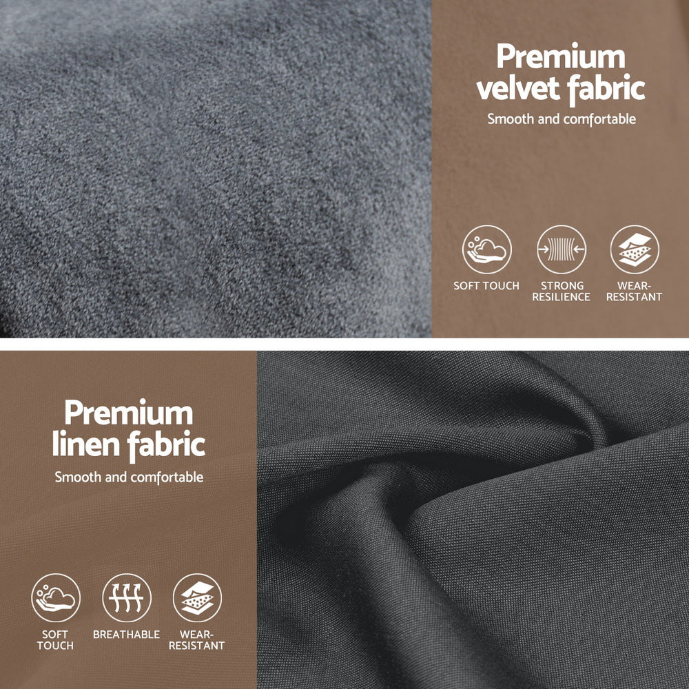 Close-up of premium velvet and linen fabrics highlighting soft touch, durability, and wear resistance for Velantra Queen Gas Lift Storage Bed with Headboard – Grey