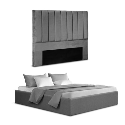 Velantra Queen Gas Lift Storage Bed with Headboard – Grey upholstered queen bed frame with vertical channel tufted headboard