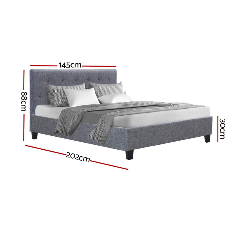 Hyams Double Bed Frame Grey with tufted headboard, upholstered in grey fabric, shown with bedding and dimensions visible