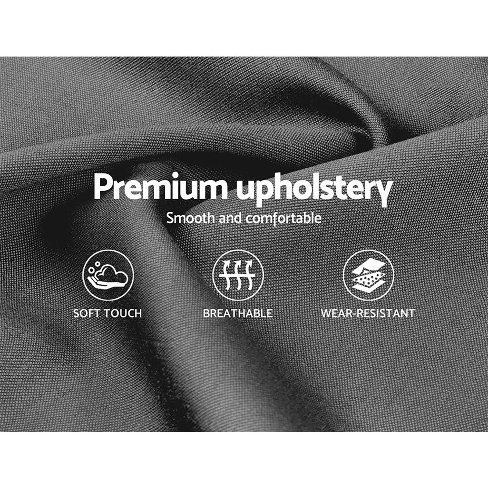 Close-up of premium upholstery fabric highlighting softness, breathability, and wear resistance for Hyams Double Bed Frame Grey.