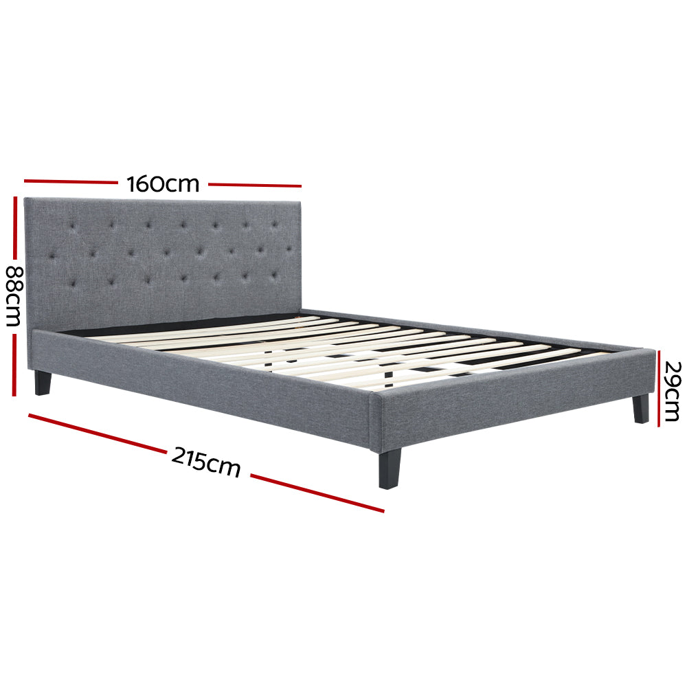 Hyams Queen Bed Frame Grey with tufted headboard, wooden slats, padded frame, and black legs, shown with dimensions.