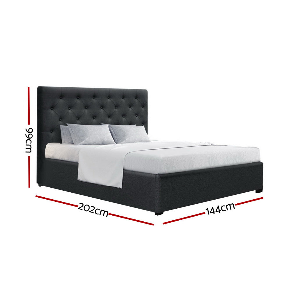 Dorilla Gas Lift Storage Double Bed Frame - Charcoal with tufted headboard and upholstered frame, shown with mattress and pillows
