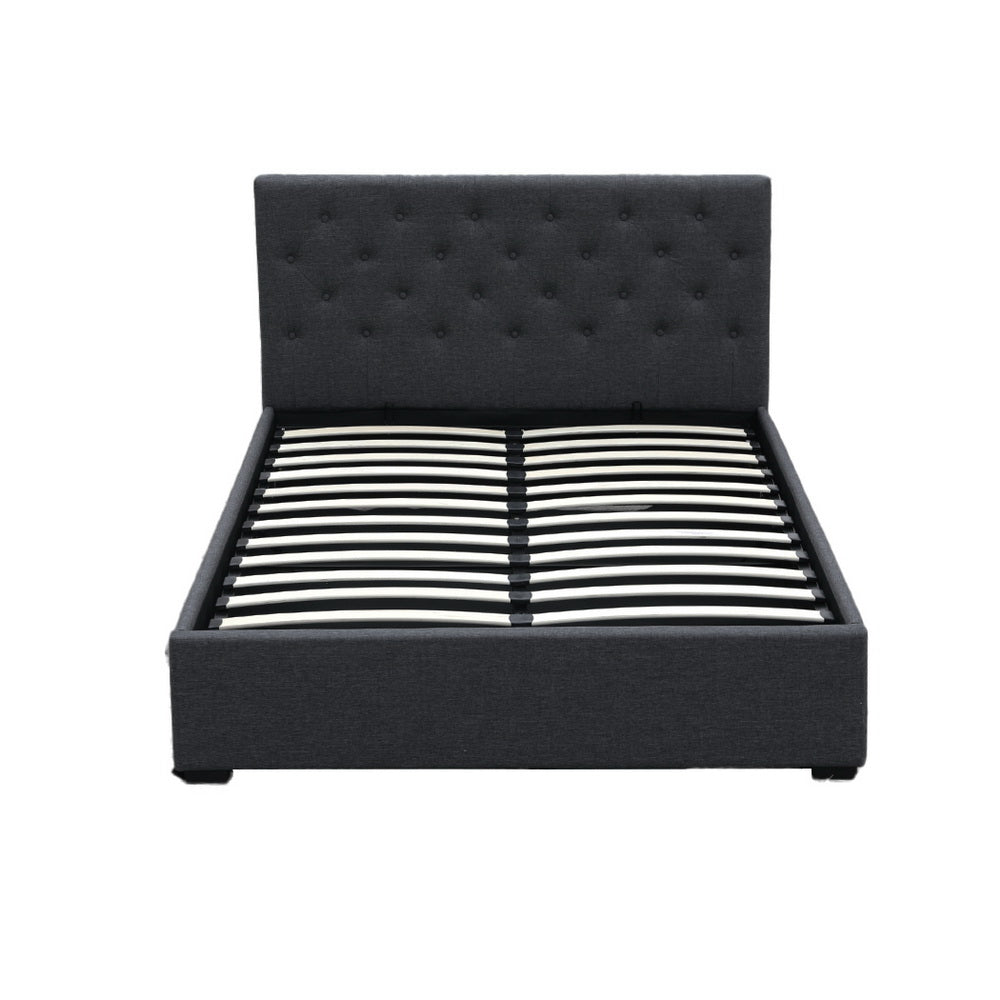 Dorilla Gas Lift Storage Double Bed Frame - Charcoal with tufted headboard and wooden slats, modern bedroom furniture.