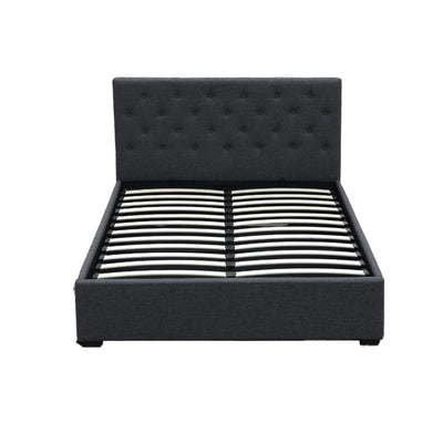 Dorilla Gas Lift Storage Double Bed Frame - Charcoal with tufted headboard and wooden slats, modern bedroom furniture.