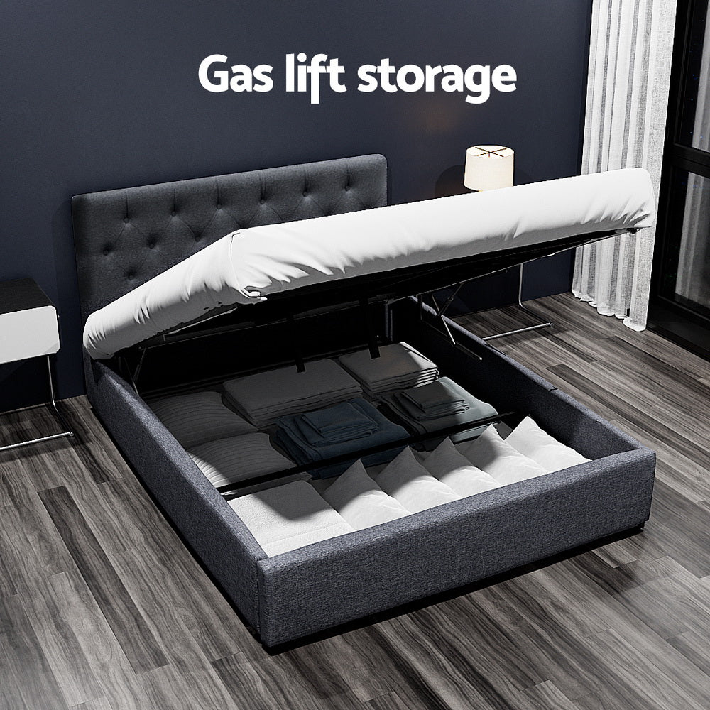 Dorilla Gas Lift Storage Double Bed Frame - Charcoal with tufted headboard and underbed storage open in modern bedroom