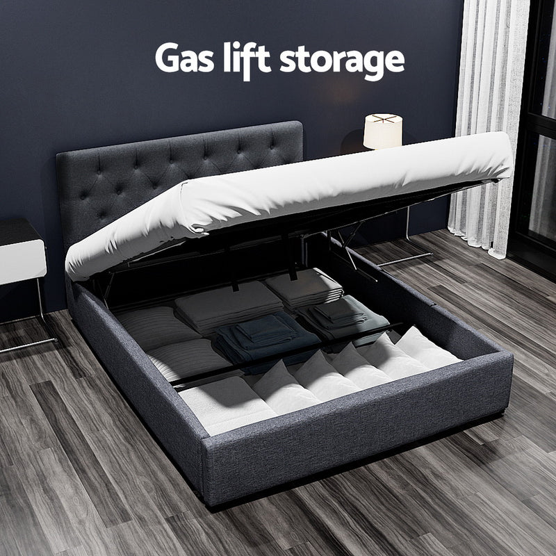 Dorilla Gas Lift Storage Double Bed Frame - Charcoal with tufted headboard and underbed storage open in modern bedroom