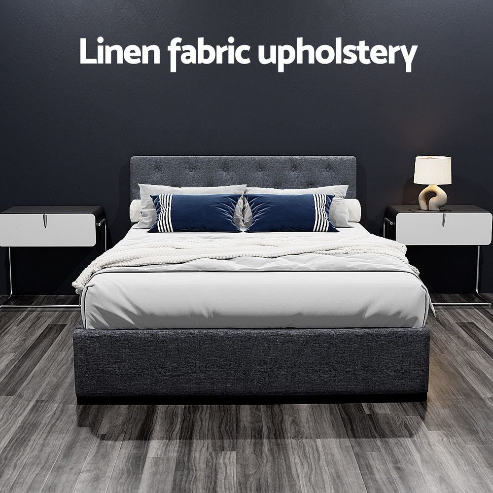 Dorilla Gas Lift Storage Double Bed Frame - Charcoal with linen fabric upholstery, tufted headboard, and modern bedroom setting
