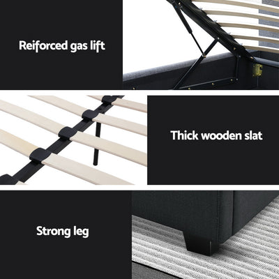 Close-up details of Dorilla Gas Lift Storage Double Bed Frame - Charcoal showing gas lift, wooden slats, and sturdy leg features.