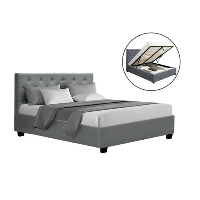 Dorilla Gas Lift Storage Double Bed Frame - Grey with tufted headboard and gas lift storage mechanism shown on white background