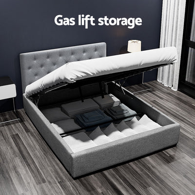 Dorilla Gas Lift Storage Double Bed Frame - Grey with tufted headboard and spacious under-bed storage in a modern bedroom setting