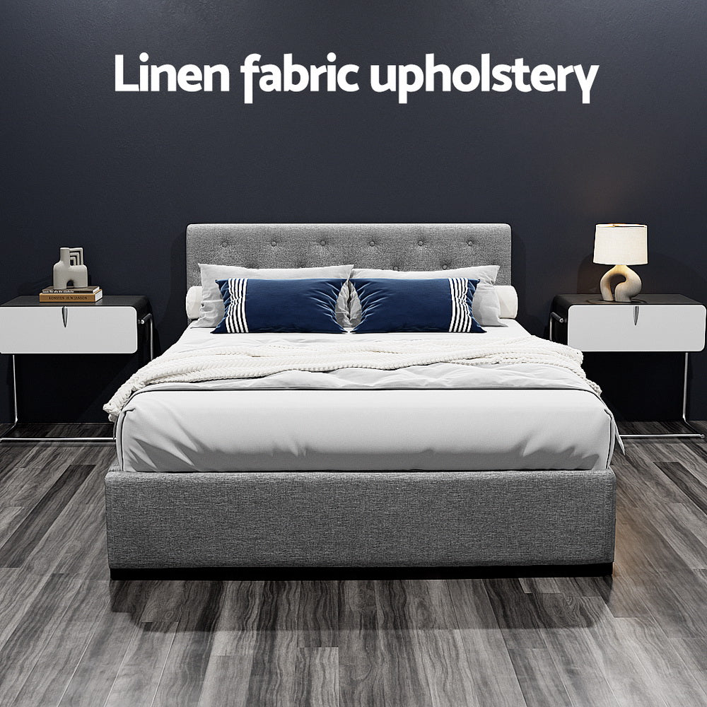 Dorilla Gas Lift Storage Double Bed Frame - Grey with linen fabric upholstery, tufted headboard, and modern bedroom furniture style