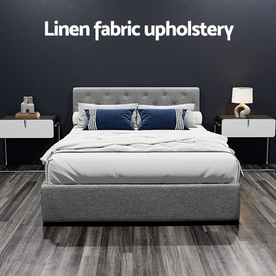 Dorilla Gas Lift Storage Double Bed Frame - Grey with linen fabric upholstery, tufted headboard, and modern bedroom furniture style