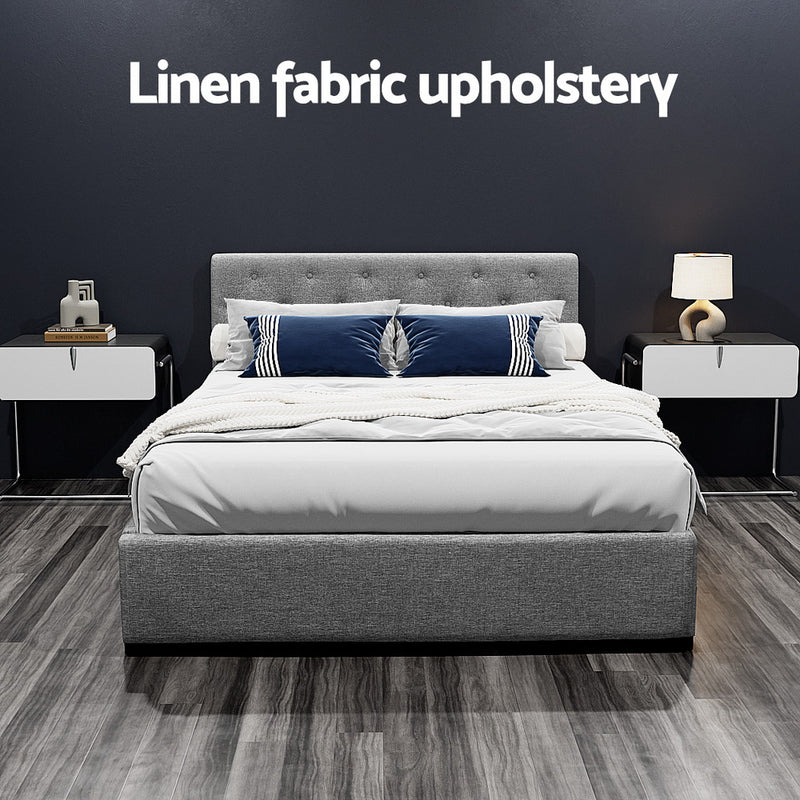 Dorilla Gas Lift Storage Double Bed Frame - Grey with linen fabric upholstery, tufted headboard, and modern bedroom furniture style