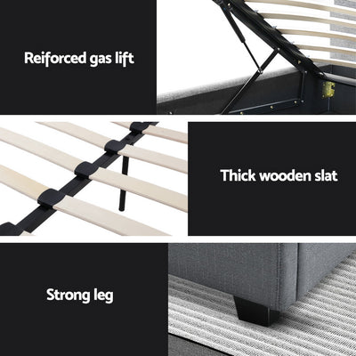 Dorilla Gas Lift Storage Double Bed Frame - Grey showing reinforced gas lift, thick wooden slats, and strong leg support