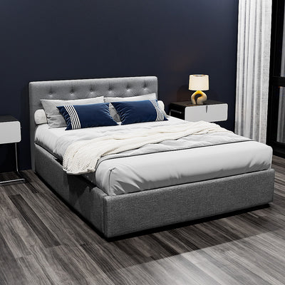 Dorilla Gas Lift Storage Double Bed Frame - Grey upholstered with button-tufted headboard in modern bedroom setting