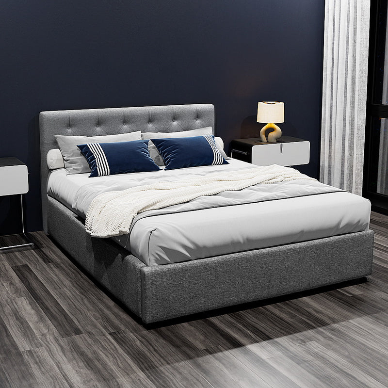 Dorilla Gas Lift Storage Double Bed Frame - Grey upholstered with button-tufted headboard in modern bedroom setting