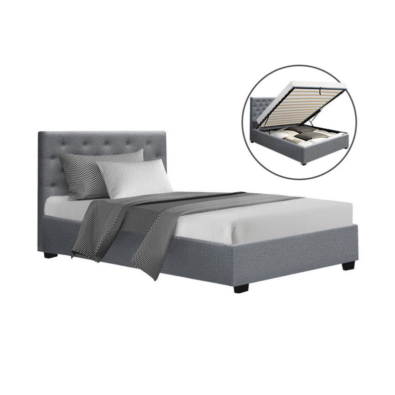 Dorilla Gas Lift Storage King Single Bed Frame - Grey with tufted headboard and gas lift storage functionality shown with bedding