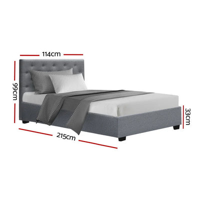 King Single Premium Package | Dorilla Gas Lift Bed Frame Grey with tufted headboard and mattress dimensions shown in a bedroom setting