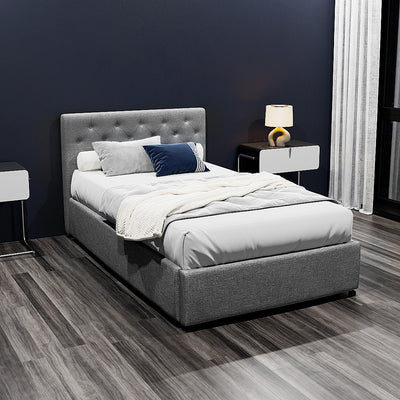 Dorilla Gas Lift Storage King Single Bed Frame - Grey upholstered bed with tufted headboard in modern bedroom setting
