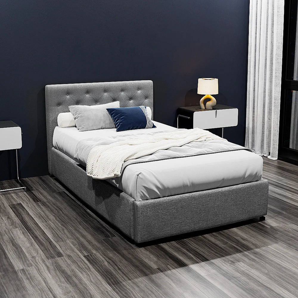King Single Premium Package | Dorilla Gas Lift Bed Frame Grey, Algarve Euro Top Pocket Spring Mattress (Medium Firm) & Pillowtop Mattress Topper