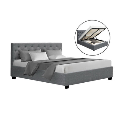 Dorilla Gas Lift Storage Queen Bed Frame - Grey with tufted headboard and spacious gas lift storage compartment open in inset view
