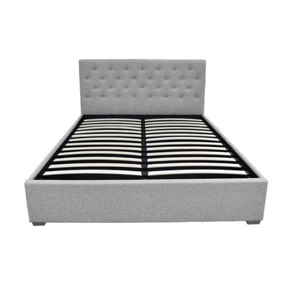Dorilla Gas Lift Storage Queen Bed Frame - Grey with tufted headboard and wooden slats, modern bedroom furniture by Bedzy
