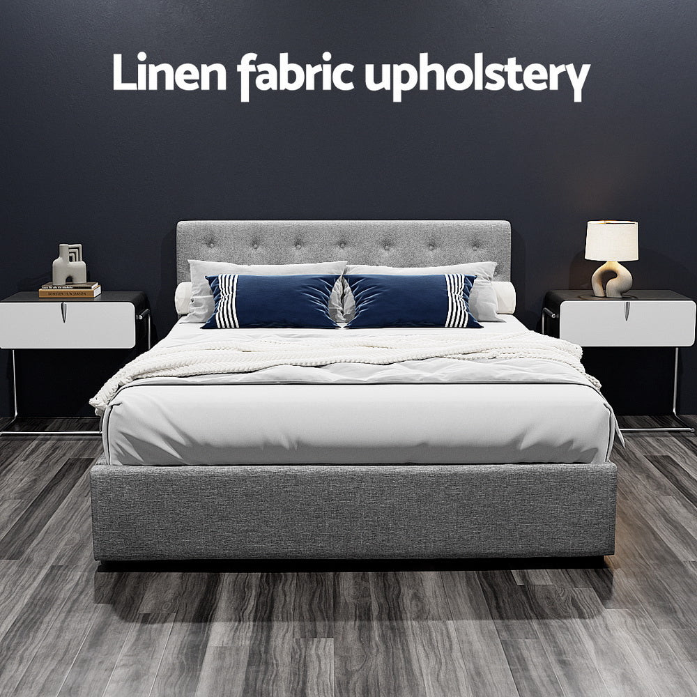 Dorilla Gas Lift Storage Queen Bed Frame - Grey with linen fabric upholstery, tufted headboard, and modern bedroom setup