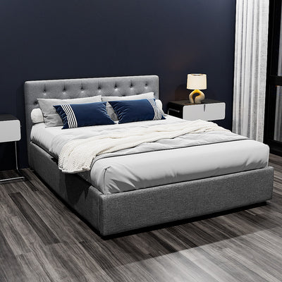 Dorilla Gas Lift Storage Queen Bed Frame - Grey with tufted headboard, upholstered fabric, and modern bedroom furniture setting