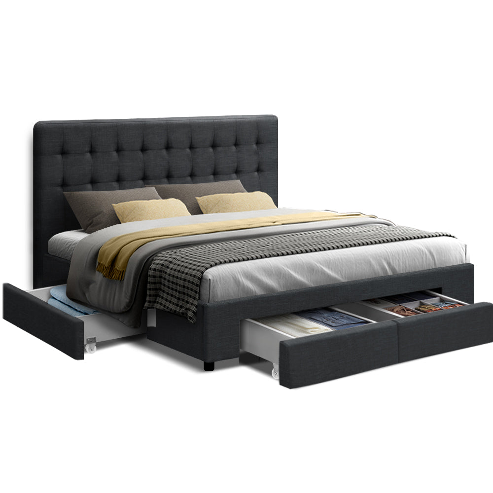 Trinity Double Storage Bed Frame with Drawers – Charcoal, tufted headboard, fabric upholstery, with open under-bed drawers