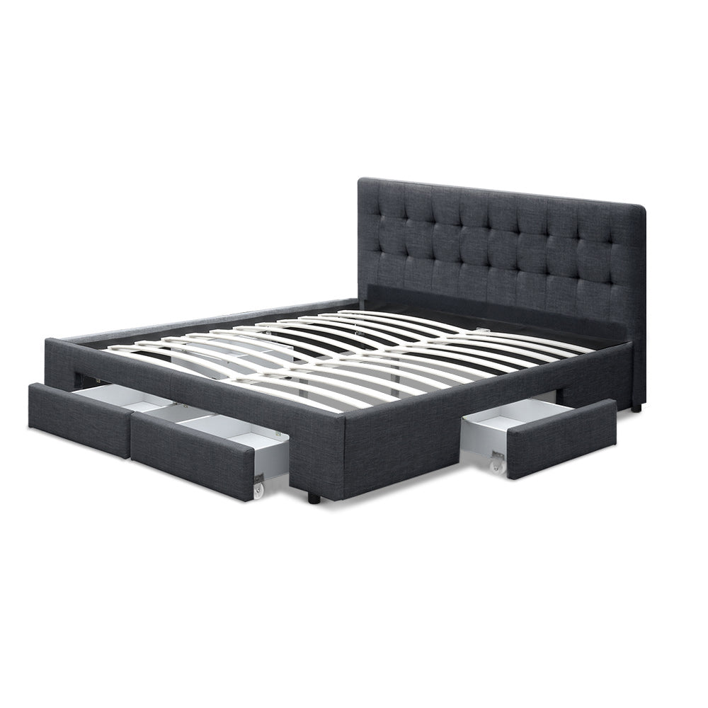 Trinity Double Storage Bed Frame with Drawers – Charcoal in charcoal fabric with tufted headboard and open storage drawers