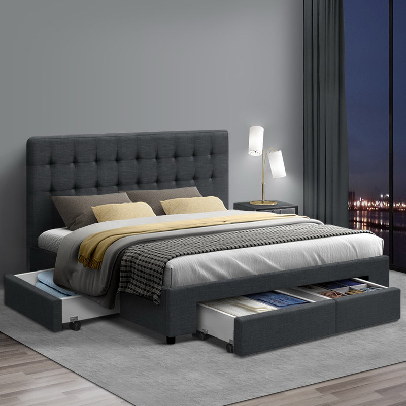 Trinity Double Storage Bed Frame with Drawers – Charcoal in bedroom setting with open drawers and tufted headboard